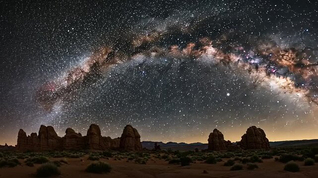 Stunning Milky Way Arch Over Desert Rock Formations Under Starry Night Sky.