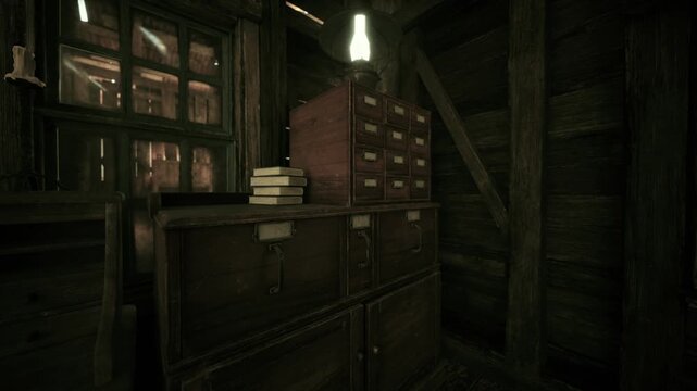 A vintage wooden workspace features sturdy cabinets filled with drawers, stacks of books, and a glowing lamp, all set in a charming, dimly lit environment.
