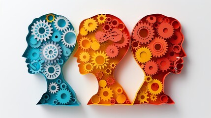 Three colorful paper cutout human head silhouettes, each filled with turning gears, symbolizing deep thinking, cognition, and mental health awareness