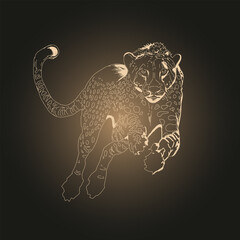 Cheetah. Vector illustration in yellow tones of a large wild cat charging forward, hand-drawn. Isolated on a dark background. For designs inspired by the beauty, strength, and harmony of wild nature.