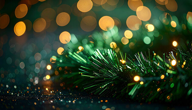 Vibrant green metallic tinsel garland, golden bokeh lights, holiday decor for Christmas or New Year