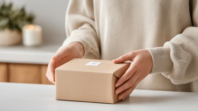 Packaging, delivery, and e-commerce services are emphasized through hands holding a small kraft box. The image strengthens themes of shipping, customer fulfillment and retail logistics
