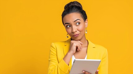 Latina businesswoman using a digital tablet represents corporate decision-making, startup strategy, and professional communication assets. Image enhances themes of business consulting, fintech