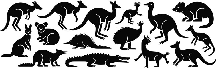 Australian Animal Silhouette Icon Set Featuring Kangaroos, Koalas, Emus, Crocodiles, and Native Wildlife in Vector Style