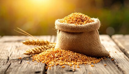 Golden wheat grains overflowing from burlap sack, rustic charm and natural goodness, perfect for baking, farming, or healthy eating concepts