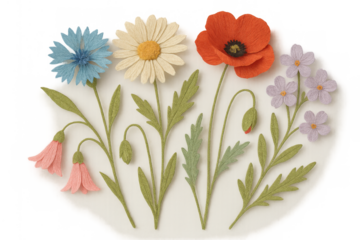 Handcrafted felt textile art displaying a beautiful arrangement of colorful spring wildflowers with soft textures, transparent background