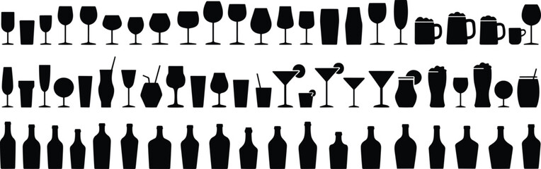 Drinkware and Bottle Silhouette Icon Set Featuring Wine Glasses, Cocktails, Tumblers, Beer Mugs, and Liquor Bottles in Vector Style