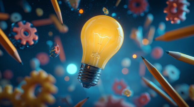 Brilliant lightbulb surrounded by gears and pencils evokes innovation, creativity, and problem-solving skills