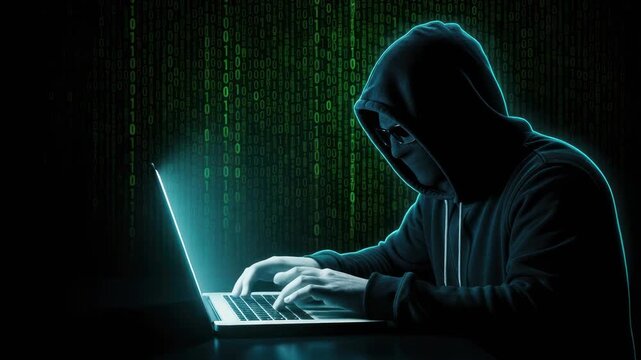 A mysterious shadowy hacker wearing a dark hooded sweatshirt intensely works on a laptop against a vivid digital binary code background symbolizing cybercrime and security threat
