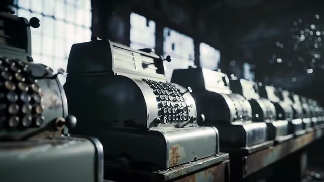 Row of vintage cash registers in an industrial warehouse, old antique design. Collection of antique cash registers aligned, nostalgic.