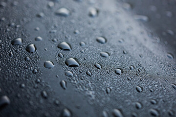 Water droplets glisten on a smooth, dark surface in soft light. This scene captures the beauty of morning dew resting on an object, showcasing natural patterns.