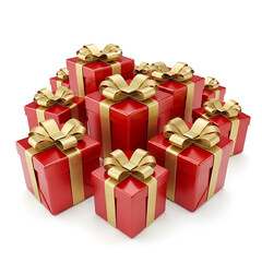 Fototapeta premium Collection of shiny red gift boxes tied with gold ribbon and bow isolated on white background