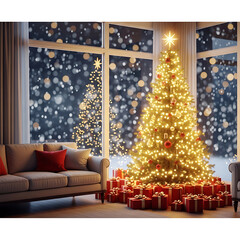 Cozy holiday living room interior featuring a decorated Christmas tree with gifts, glowing fireplace lights, and festive winter ornaments for a warm celebration at home