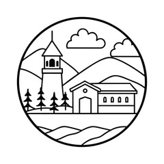 Obraz premium Architecture design of a cartoon house in the sky and mountains, vector illustration home icon building in the landscape village