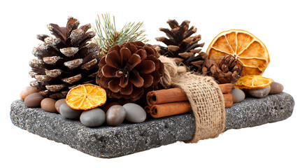 Festive christmas arrangement isolated on transparent background with pine cones