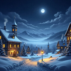 A cozy winter landscape with a house under a dark night sky featuring a bright moon and stars in a cartoon illustration style