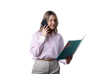 Businesswoman talking on phone feeling stressed and confused