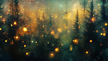 Magical, colorful forest with trees and glowing lights