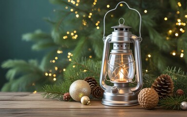 Christmas Lantern with Pinecones and Green Bokeh Lights