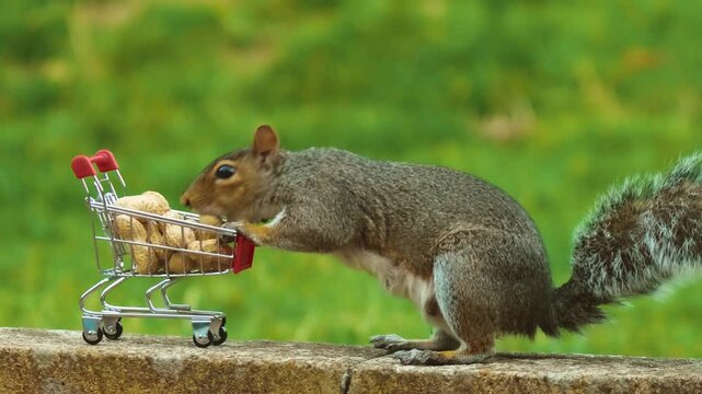 Rodent reaching peanut from shopping cart full of nuts, consumer, commerce. Wildlife protection and domestic rodents scene presenting ecological awareness and protection values. Squirrel stretching