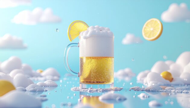 Refreshing beer with lemon slice and frothy head on a bright summer day, perfect for advertising, party invitations, or a cheerful social media post