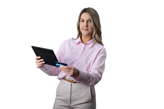 Woman holding tablet and credit card for online payment - Powered by Adobe