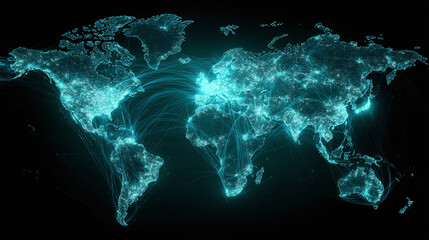 A striking image of a world map illuminated with vibrant lights, representing global connectivity and data flow