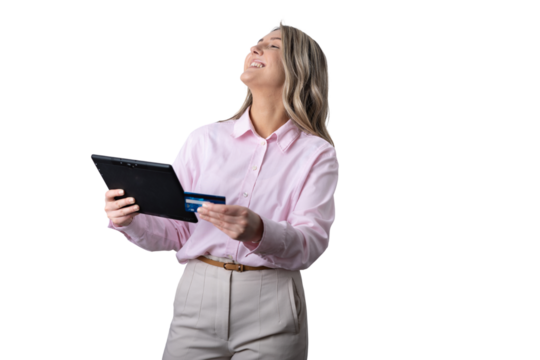 Woman enjoying online shopping using tablet and credit card - Powered by Adobe