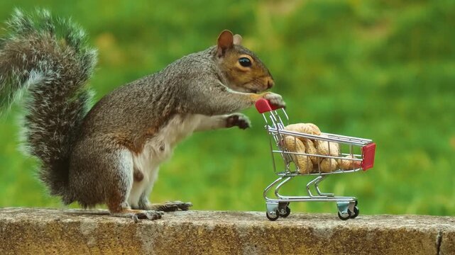 Squirrel overturning shopping cart full of peanuts, marketplace, customer. Protection of squirrels and domestic rodents concept related to environmental preservation and biodiversity. Animal toppling