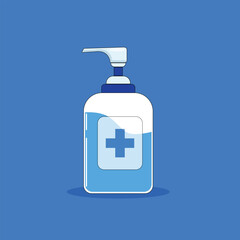 Flat design hand sanitizer bottle on a clean blue background, representing hygiene, protection, and health. Perfect for medical, safety, and sanitation design projects