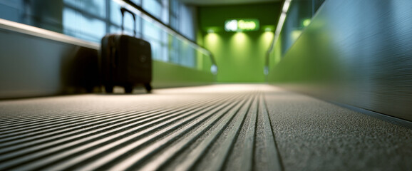 Close-up view of textured airport moving walkway with blurred suitcase and green wall in background