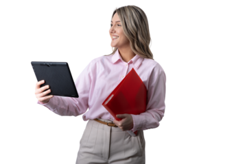 Young businesswoman holding tablet and red folder smiling