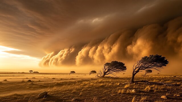 Dramatic storm front with a massive shelf cloud over a windswept savanna at sunset.