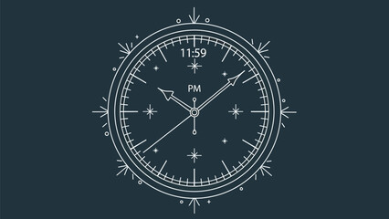 Elegant clock face showing eleven fifty nine pm in a decorative line art style
