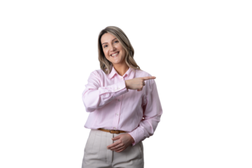 Smiling woman pointing direction with transparent background