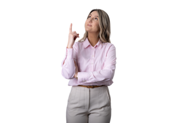 Young businesswoman pointing up having inspiring idea