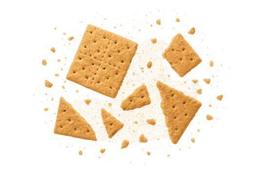 Graham cracker breaking into crumbs and pieces, an explosion of sweet snack food for dessert, transparent background