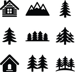 Obraz premium Rustic mountain cabin and evergreen forest icons for outdoor adventure and nature themes
