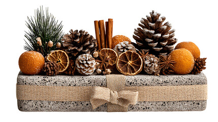 Festive christmas centerpiece with pine cones, cinnamon sticks isolated on transparent background