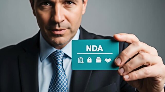 Businessman holding NDA card in business concept.