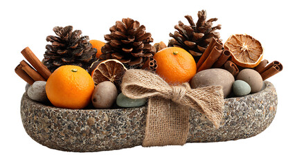 Festive christmas centerpiece with pine cones, clementines isolated on transparent background