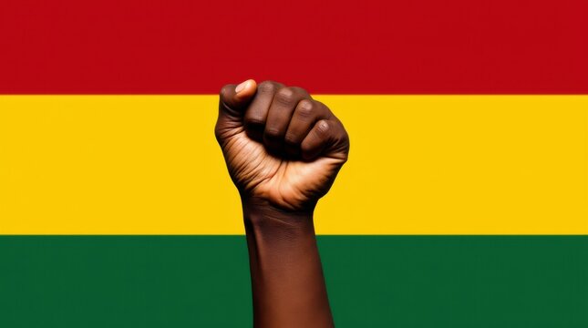 Hand is clenched into a fist, proudly raised up, Pan-African colors, June 19th Juneteenth day, Kwanzaa. Red, black, yellow and green colors. Africa Day