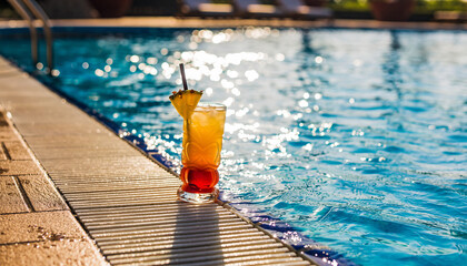 Layered tropical cocktail resting on the tiled edge of a sunlit swimming pool.