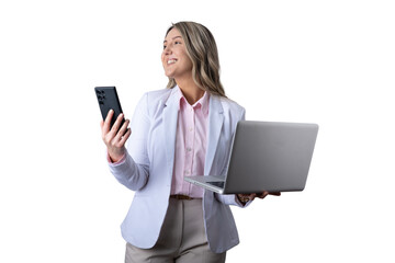 Businesswoman multitasking with smartphone and laptop smiling, transparent background