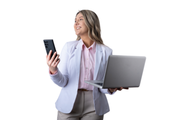 Businesswoman multitasking with smartphone and laptop smiling, transparent background