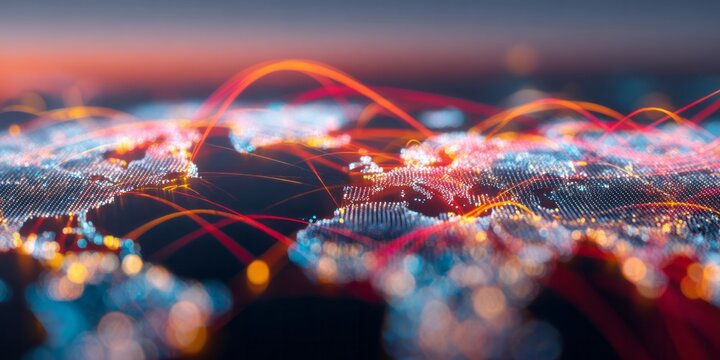 Illuminated global map displays intricate network connections across continents with vibrant light trails