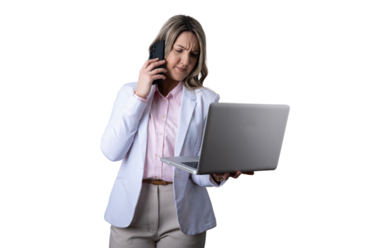 Stressed businesswoman multitasking with phone call and laptop - Powered by Adobe