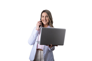 Professional businesswoman multitasking, calling and holding laptop