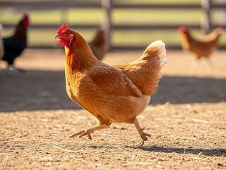 A beautiful brown hen walks across a farmyard in the sunshine, with other chickens in the background, on a sunny day in the countryside