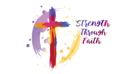 Abstract christian cross with strength through faith message and colorful paint splatters